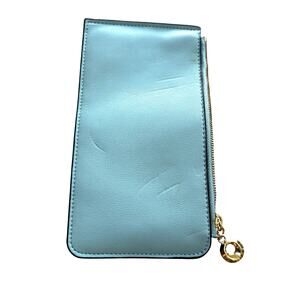 Light blue leather credit card wallet clutch purse with goldtone zipper